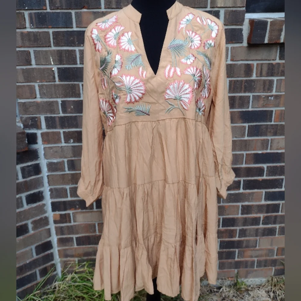 Entro Brown Embroidered Tiered Mini Dress Boho 3/4 Sleeve - Picture 4 of 9
